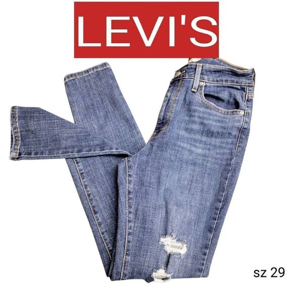 Levi's 721 High Rise Skinny Blue Distressed Denim Jeans - Picture 2 of 15